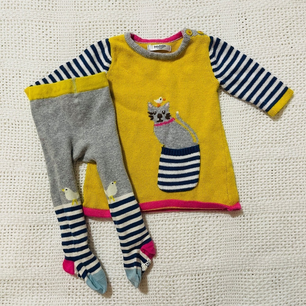 Baby Boden Yellow Cat Pocket Sweater Tights Set 0-3 Months
